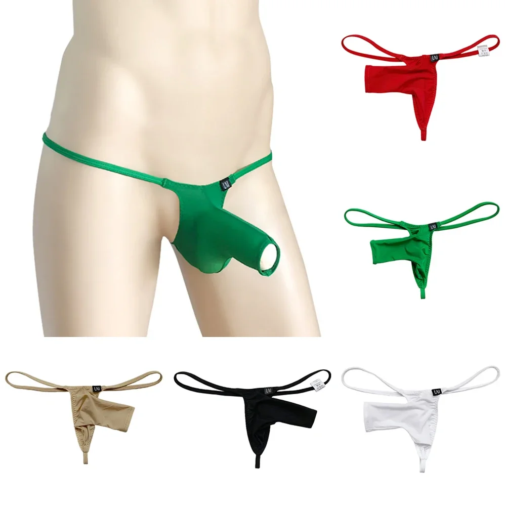 Men Thongs G String Ice Silk Lingerie Low Waist Pouch Opening Elephant Nose Underwear Briefs Underpants Gay Erotic Panties