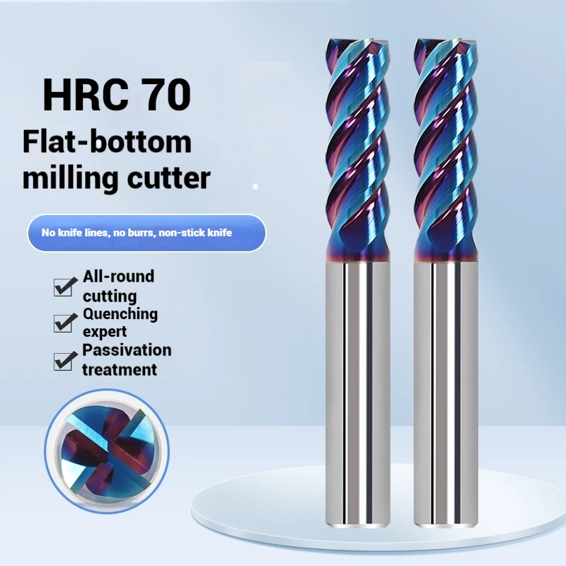 HRC70 4-Flute Blue Nano Coating Milling Cutter Tungsten Steel Carbide Flat End Mill For CNC Machining Endmill Tools