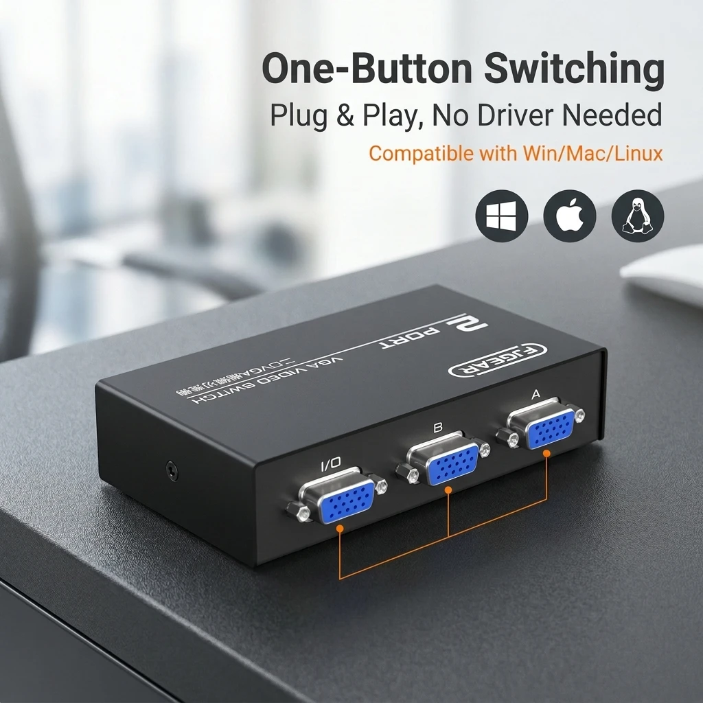 2 Port VGA SVGA Video Sharing Switch Box for LCD PC TV Monitor 2 in 1 out HD Support for PC Laptop