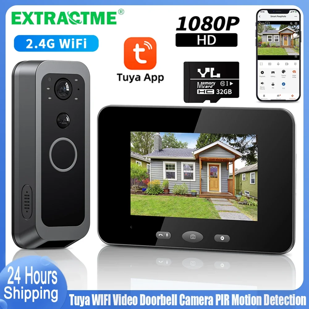 Extractme Tuya WIFI Video Doorbell Camera 1080P HD PIR Night Vision Motion Detection Peephole Camera Two Way Audio Door Viewer