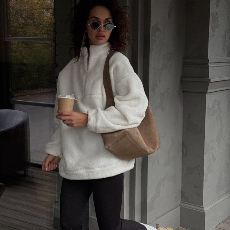 2025 가을/겨울 신상 단색 양털 두꺼운 반지퍼 후드 여성용 따뜻한 코트