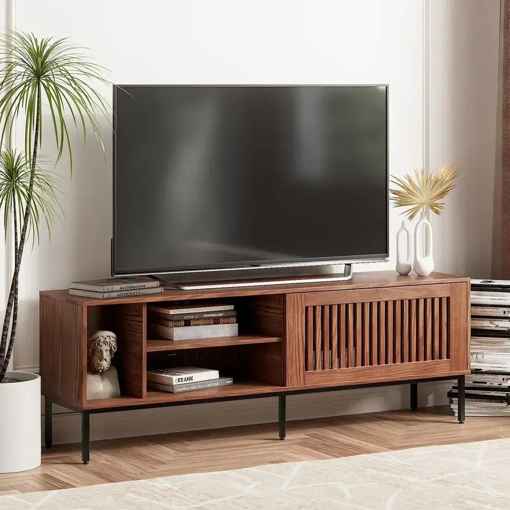 Rustic Brown 65-70 Inch TV Stand with Sliding Barn Door, Metal Frame, and Adjustable Shelves Entertainment Center