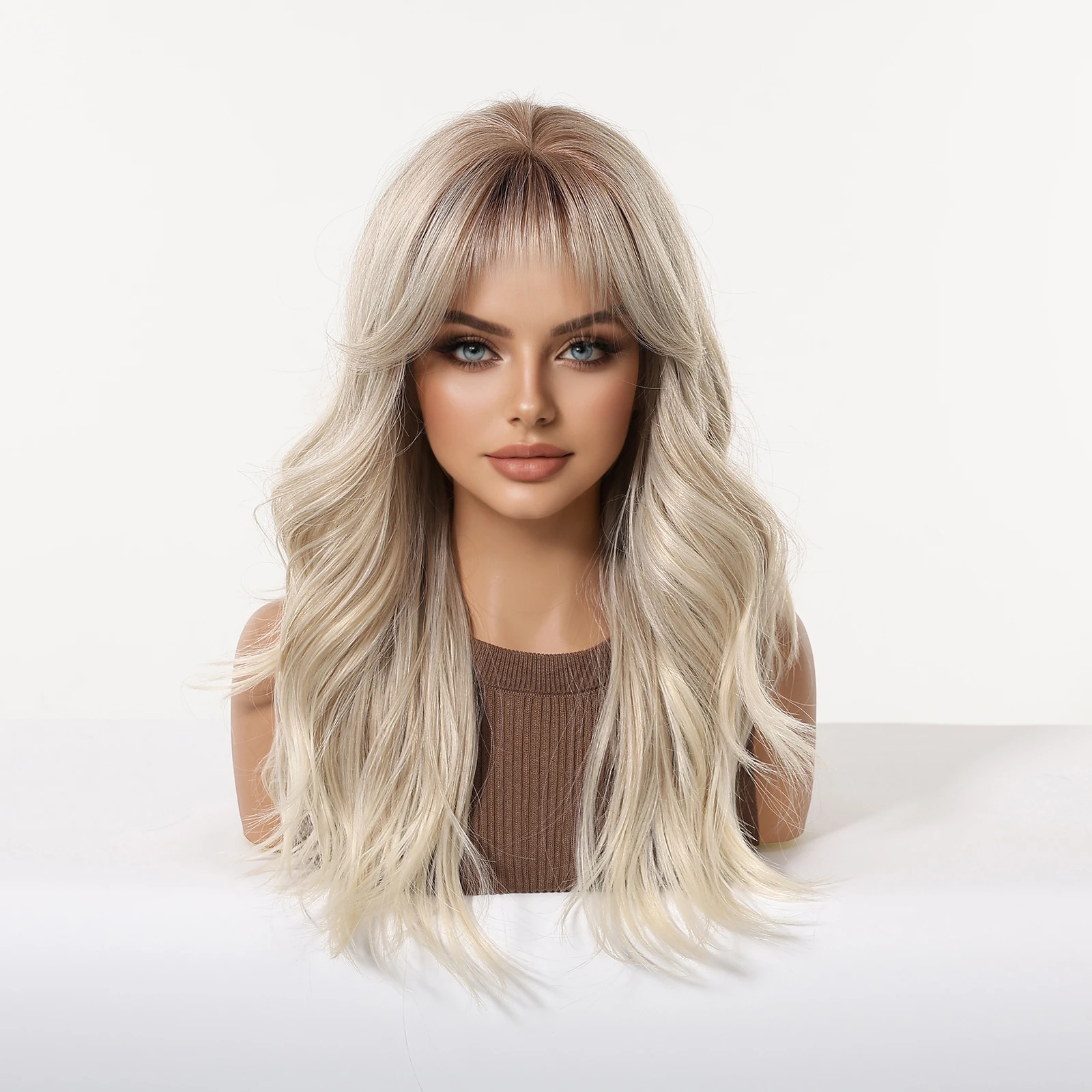 Long Wavy Platinum Blonde Ombre Synthetic Wig Heat Resistant Fiber Natural Looking Hair for Women Daily Wear Party Cosplay