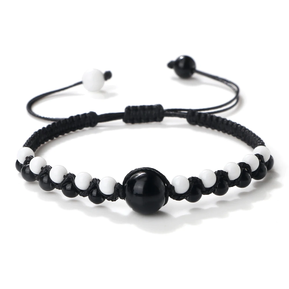 Classic Black White Beaded Bracelets Adjustable Yin Yang Double Row Natural Stone Beads Bracelets For Men Women Distance Jewelry