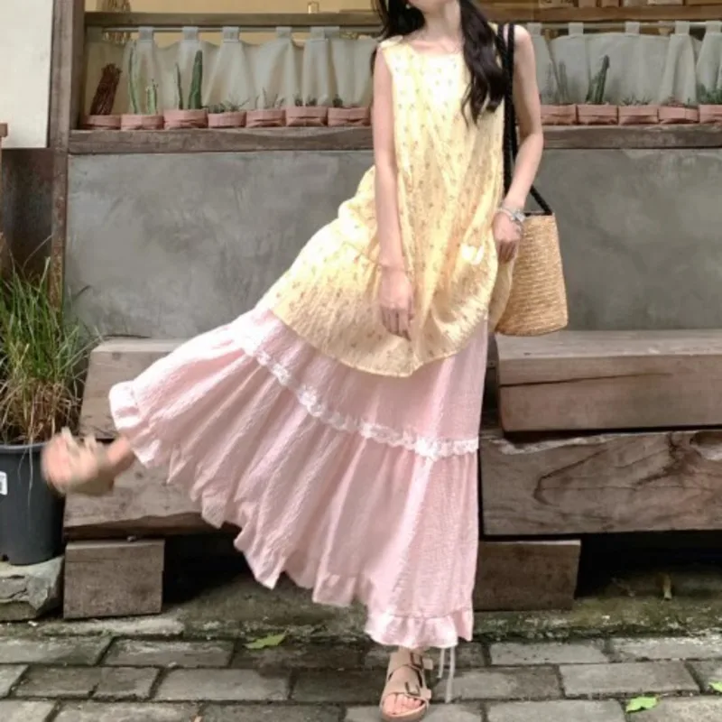 

Midi Dresses Tops&Tees Mini Dresses Set Y2K Summer Korean Top Dresses Summer Dopamine Vacation Sweet Two-piece A-line Suit New