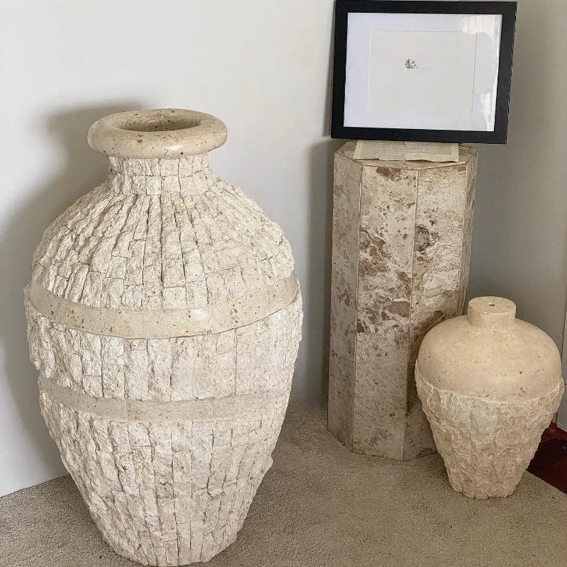 Minimalist natural travertine, decorative vase art flower arrangement retro tea room living room