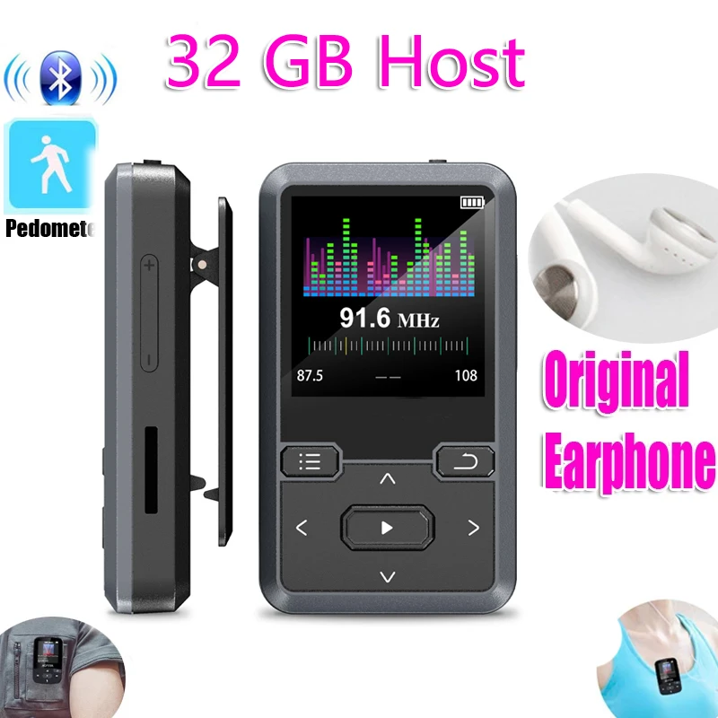 New M10 Sport Bluetooth MP3 Player 32GB Clip Mini with 1.44inch Screen Support FM,Recording,E-Book,Clock,Pedometer Music Player