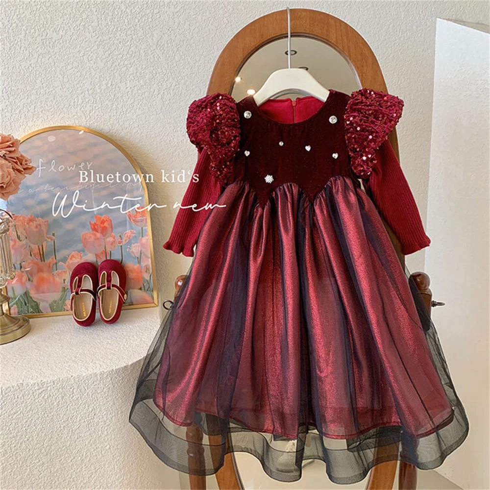 92677 Autumn Winter Velvet Yarn Skirt Mesh Skirt Petal Sleeves Girls' Dress French Princess Skirt Fluffy Princess Dress