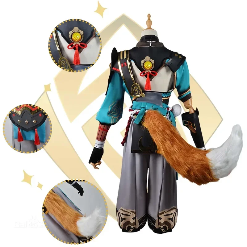 Genshin Impact Goronu Goat Cosplay Men Blue Fox Boy Costume Halloween Tail Shorts Full Set MN9