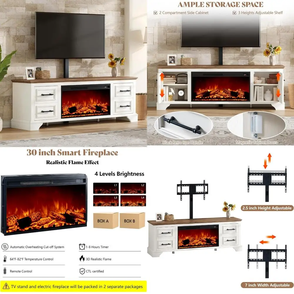 Soporte para TV con chimenea eléctrica para televisores de 32 a 70 pulgadas con funciones giratorias y ajustables, toma de corriente incluida, ideal para Livi modernos