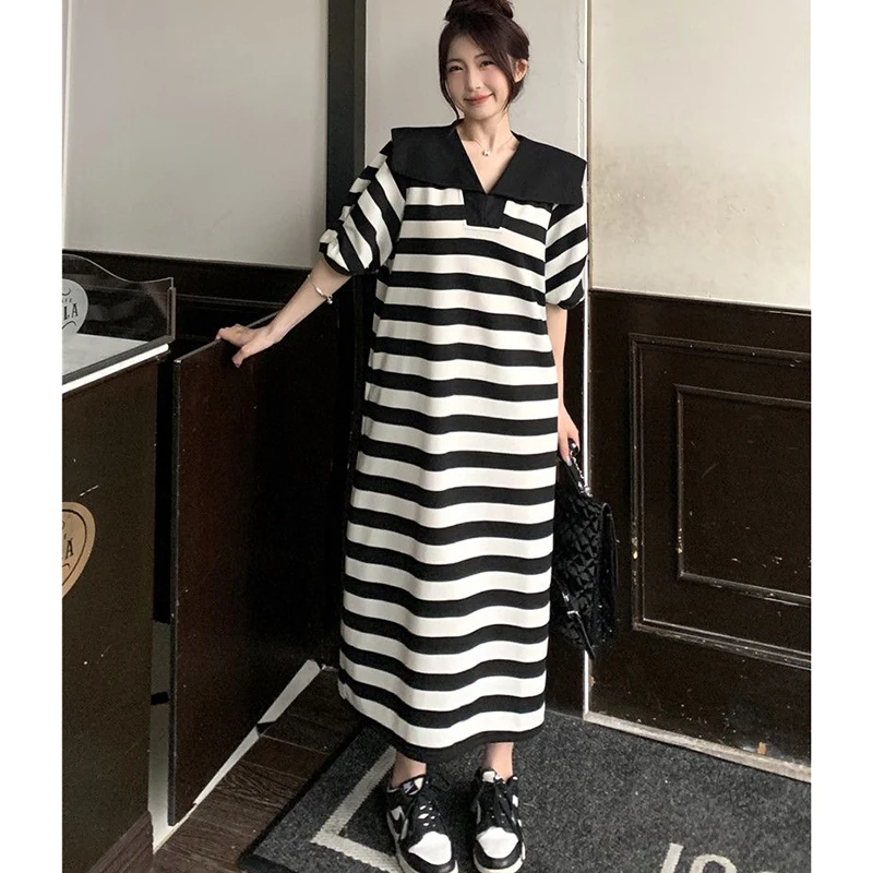 Fashion Sailor Collar Pockets Loose Striped Short Sleeve Dress Female Clothing 2024 Summer Oversized Young Style Casual Dress