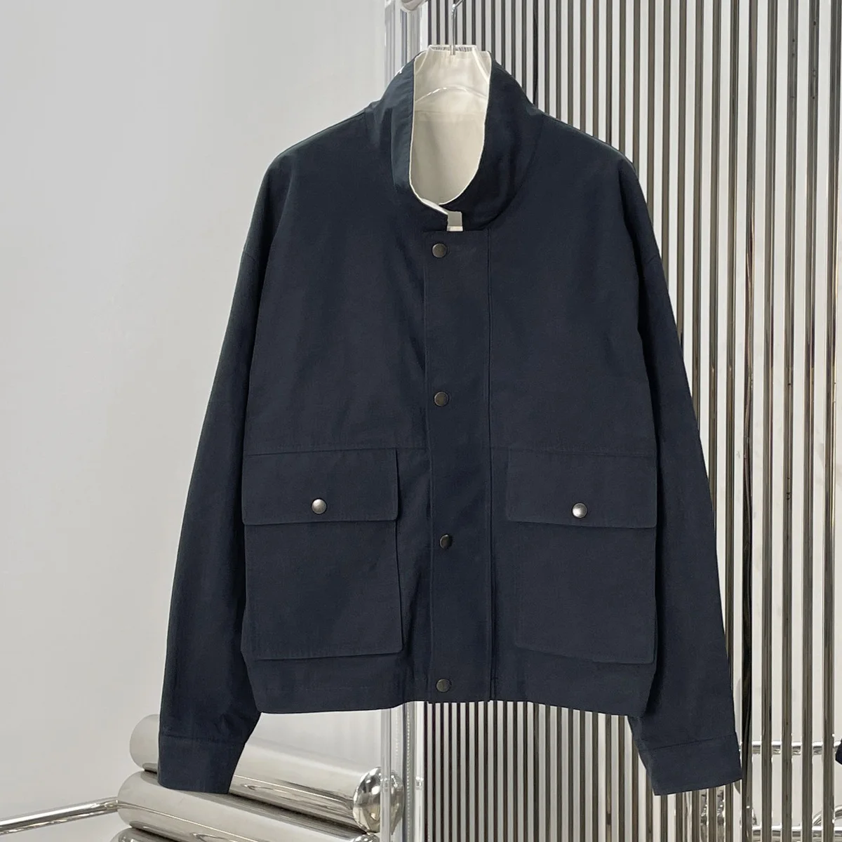 High Quality Women Stand Collar Cargo Jacket, Zip & Button Front Loose Casual Outerwear with Big Pockets lyt133562