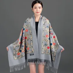 Women New Autumn Winter Embroidery Shawl Thick Warm Cashmere Pashmina Scarves Wrap Bufanda Travel Reversible Long Scarf 200*70CM