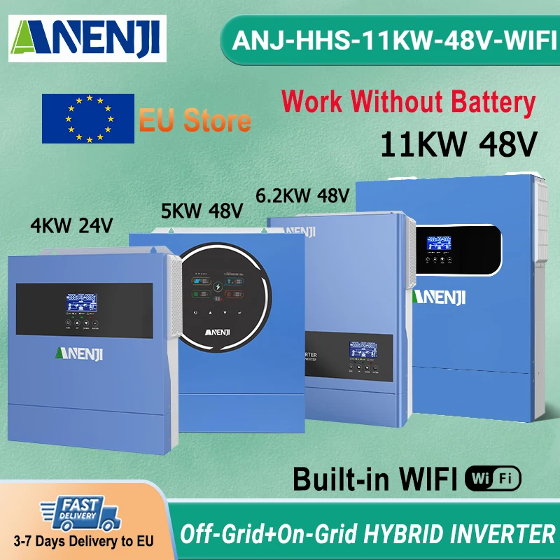 ANENJI 4KW 5KW 6.2KW 11KW Hybrid Solar Inverter 24V 48V MPPT 100A 120A 160A Pure Sine Wave hybrid With WiFi PV 500VDC