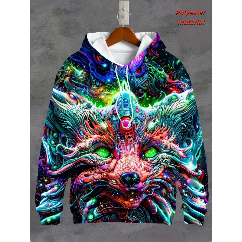 Funny Wolf Fox Dragon Pattern Hoodie For Men Colorful Animal 3D Printed Hoodies Casual Loose Pullover Long Sleeves Sweatshirts