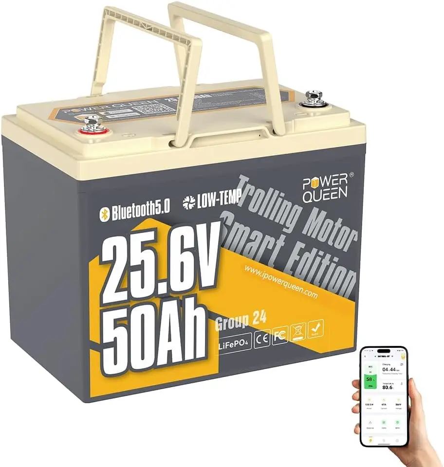 24V 50Ah Trolling Motor Battery, Smart LiFePO4 Battery with Bluetooth 5.0 Low-Temp Protection, 1280Wh Energy Lithium Battery for