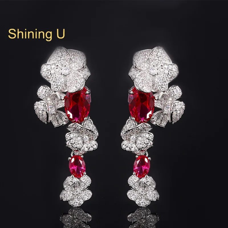 

Shining U Luxury Ruby Emerald Floral Dangle Earrings for Women Fashion Jewelry Party