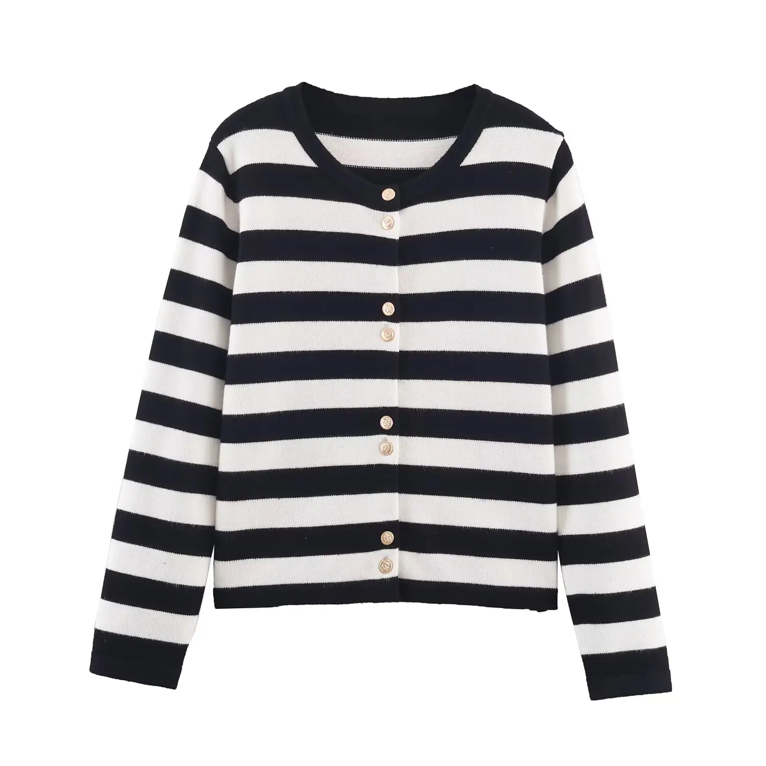 

DiYiG WOMAN 2025 Autumn New Fashion Half Striped Knitted Cardigan All-match Crewneck Button Coat Sweater Mujer