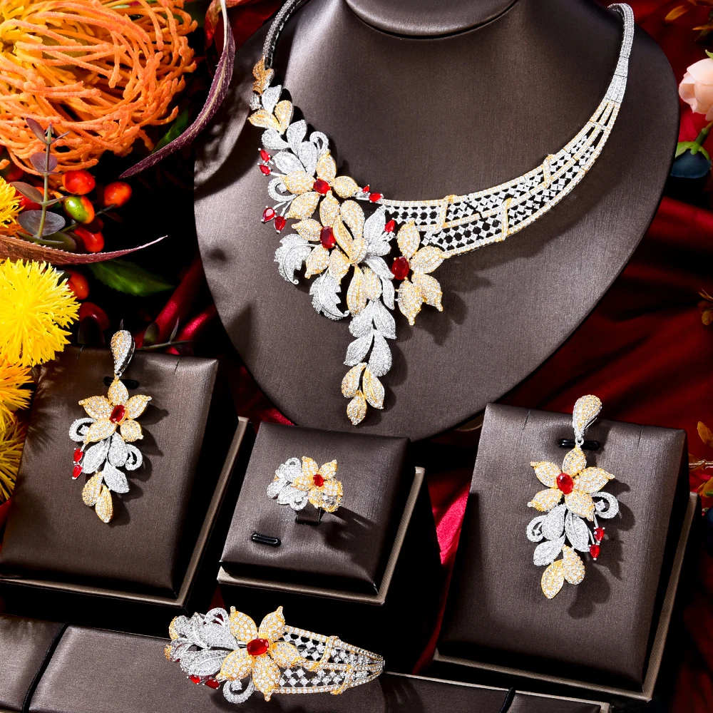 GODKI Famous Brand 4PCS Red CZ Luxury African Jewelry Set For Women Wedding Party Zircon Crystal Dubai Bridal Jewelry Set