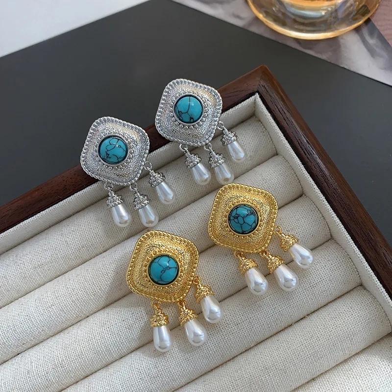 أقراط بشراشيب فيروزي للنساء ، شكل ماسي عتيق ، لؤلؤ مقلد مبالغ فيه ، مجوهرات شرابات للفتيات الحساسة