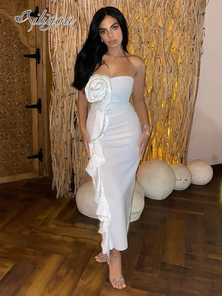 

Ailigou 2024 Summer Women's White Sexy Strapless Diamond Ruffle Edge Tight Fit Midi Bandage Dress Elegant Celebrity Party Dress