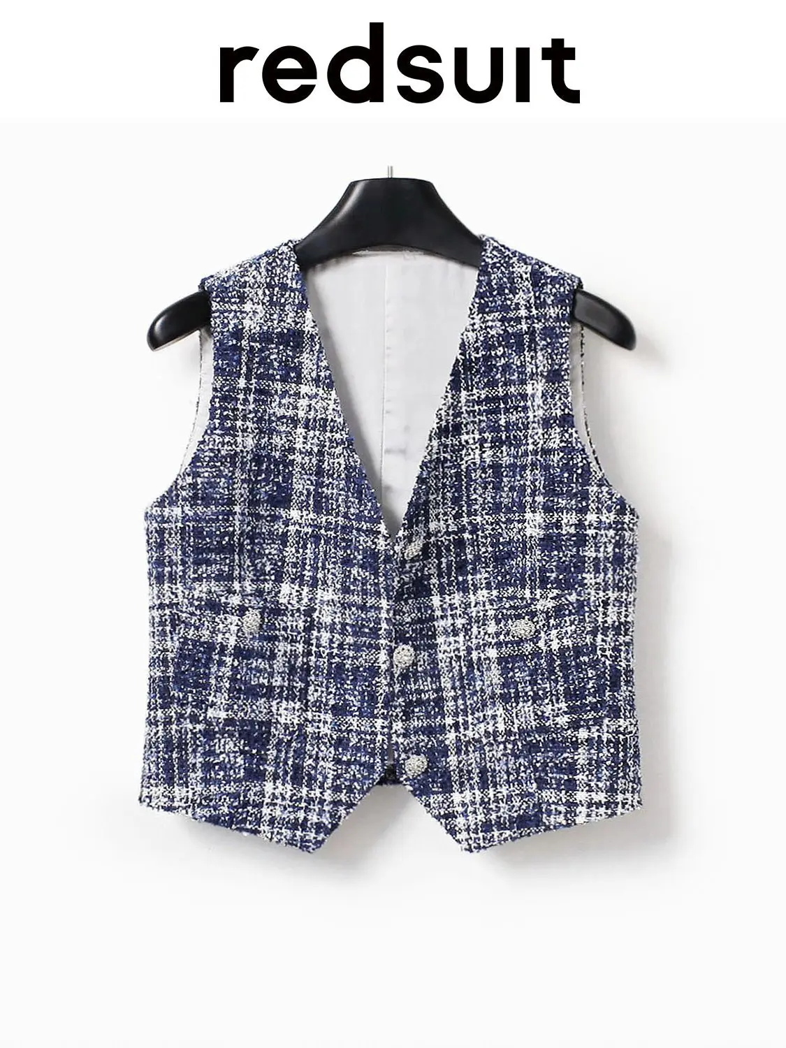 New Blue white checkered three-dimensional woven exquisite rhinestone button lightweight floral vest Custom Size