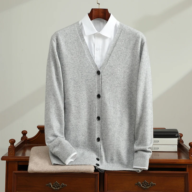 

Men's 100% Cashmere V-Neck Button Cardigan Casual Business Sweater Autumn Winter Comfortable Stylish Knit Jackets Soft Outerwear