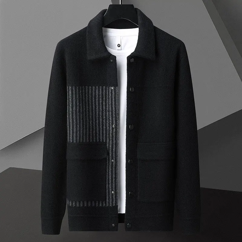 

Casual Loose Splicing Line Cardigan Coat Men Korean Color Contrast Lapel Jacket 2023 Simple Solid Color Cardigan Jacket Men Knit