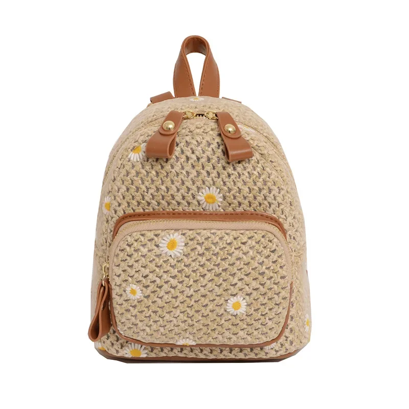 Mochila pequeña de paja tejida con bordado dulce para niñas, bolso de día de cuero PU de ratán para adolescentes, moda de verano