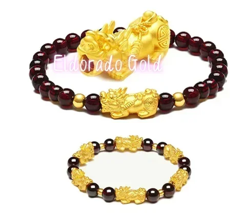 Eldorado Gold  24k pure gold pixiu charms hand strings 999 real gold balls bracelet diy bracelets garnet beads  17-23cm