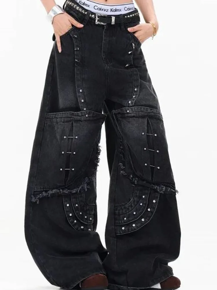 American Style High Quality Men's Jeans Metal Decoration Loose Wide Leg Design Washed Black Denim Pants Streetwear MP9X