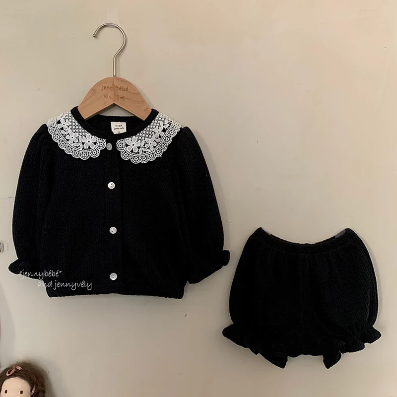 2024 New Autumn Korean Style Children Clothes Suit Long Sleeves Lace Splicing Cardigan+Shorts Newborn Baby Girls Clothing Set