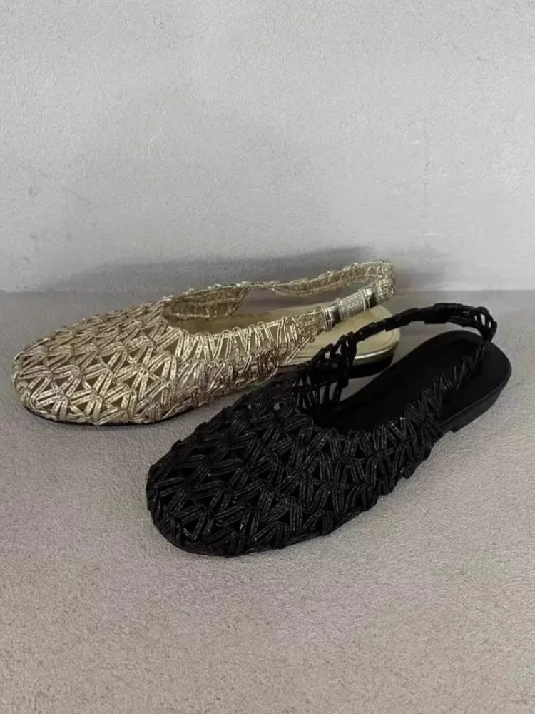 

Woven Gold Breathable Back-Strap Sandals Hollow-Out Fashionable Mules Soft Leather Comfortable Women Shoes Sandalias Mujer