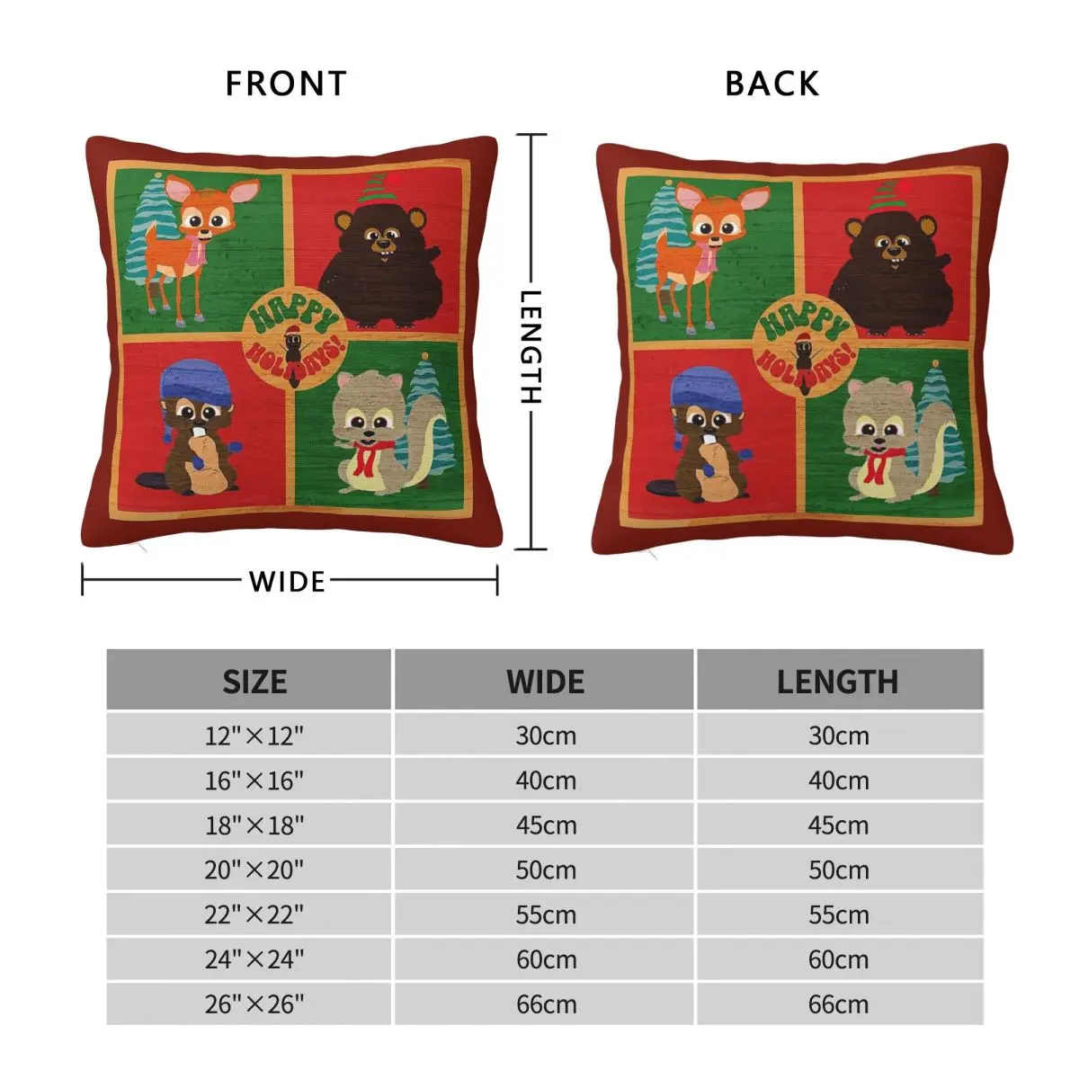 Woodland Critters Happy Holidays Square Pillowcase Polyester Linen Velvet Printed Zip Decor Car Cushion Cover