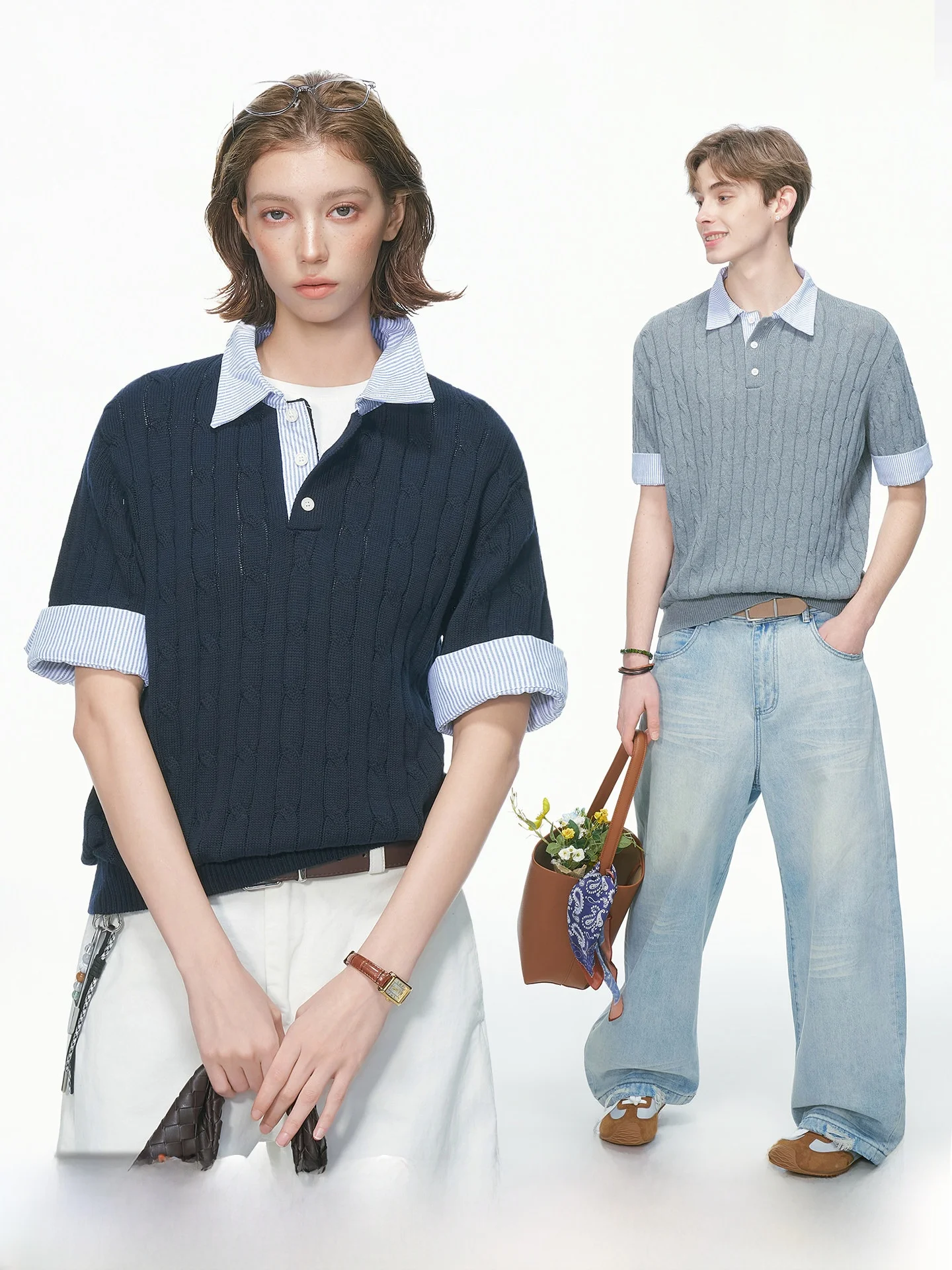 Dream Made Knitted Stripe  Shirt Short Sleeve Unisex Summer Fake Two-Piece T-Shirt Breathable Cotton Casual Fashion