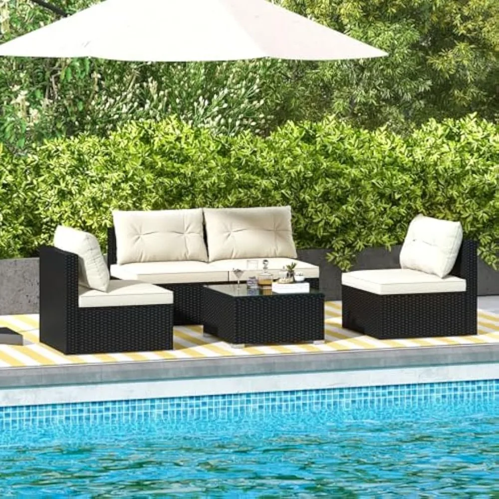 

5 Piece Rattan Sofa Set, Patiojoy Outdoor Wicker Furniture Set with Seat & Back Cushions, Square Coffee Table, Patio Se