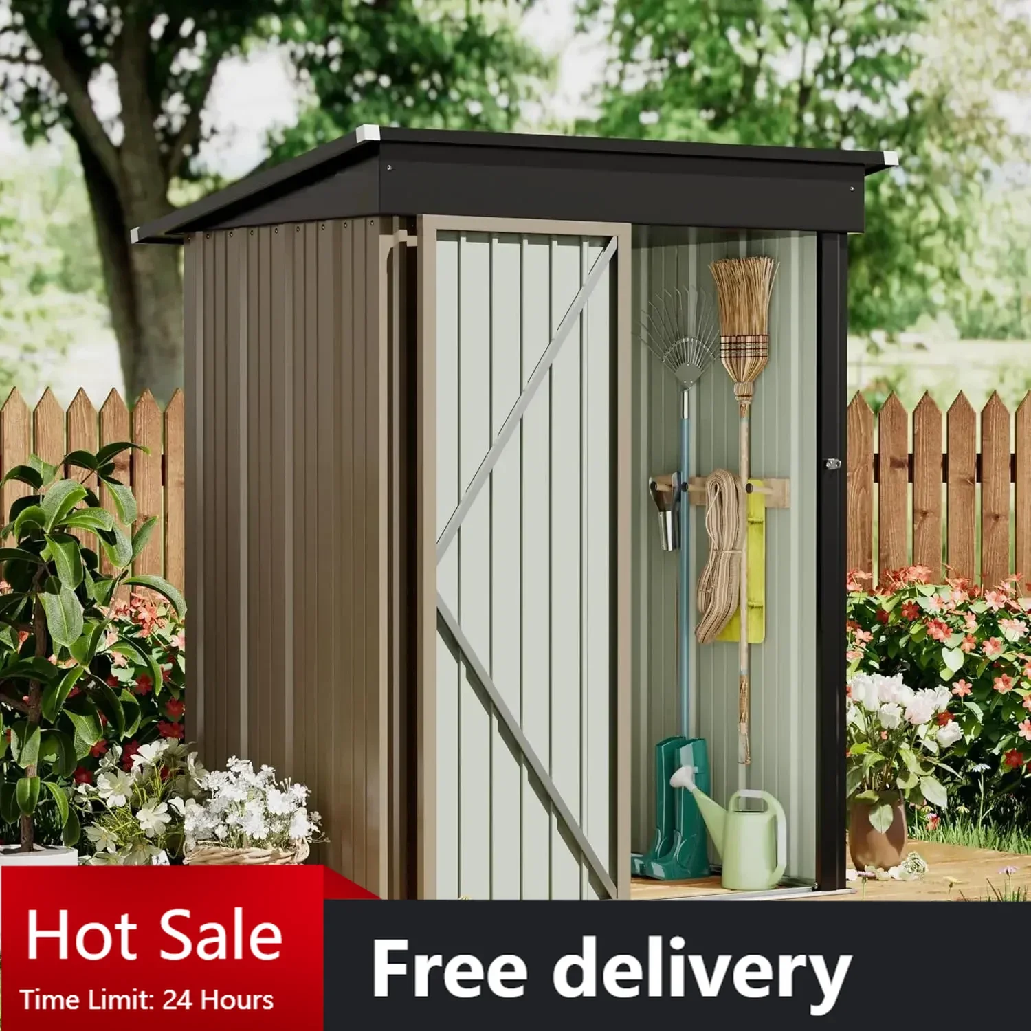 

Outdoor Storage Shed Metal Garden Shed with Lockable Door Outside Waterproof Tool Shed for Backyard, Patio, Lawn (Brown)