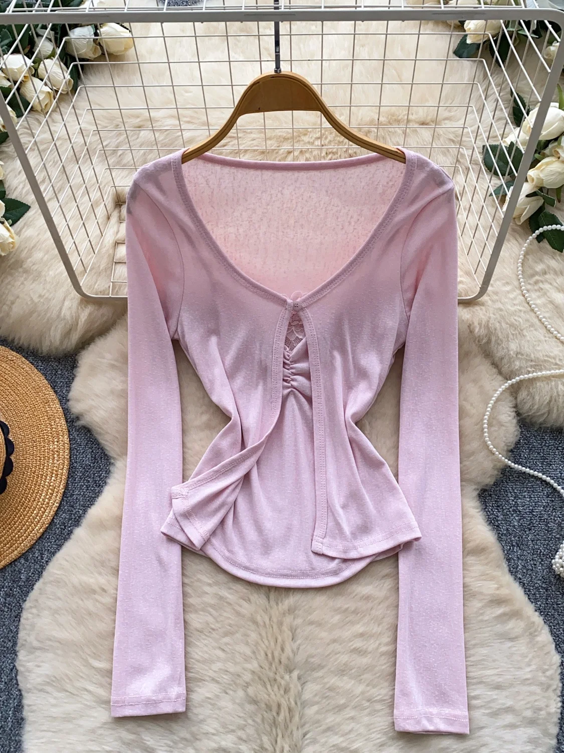 Korean Style Commuter Long Sleeve T-Shirt Women's Slimming Design Base Shirt Top V-Neck Knot Detail Casual Fashion Polyester ...