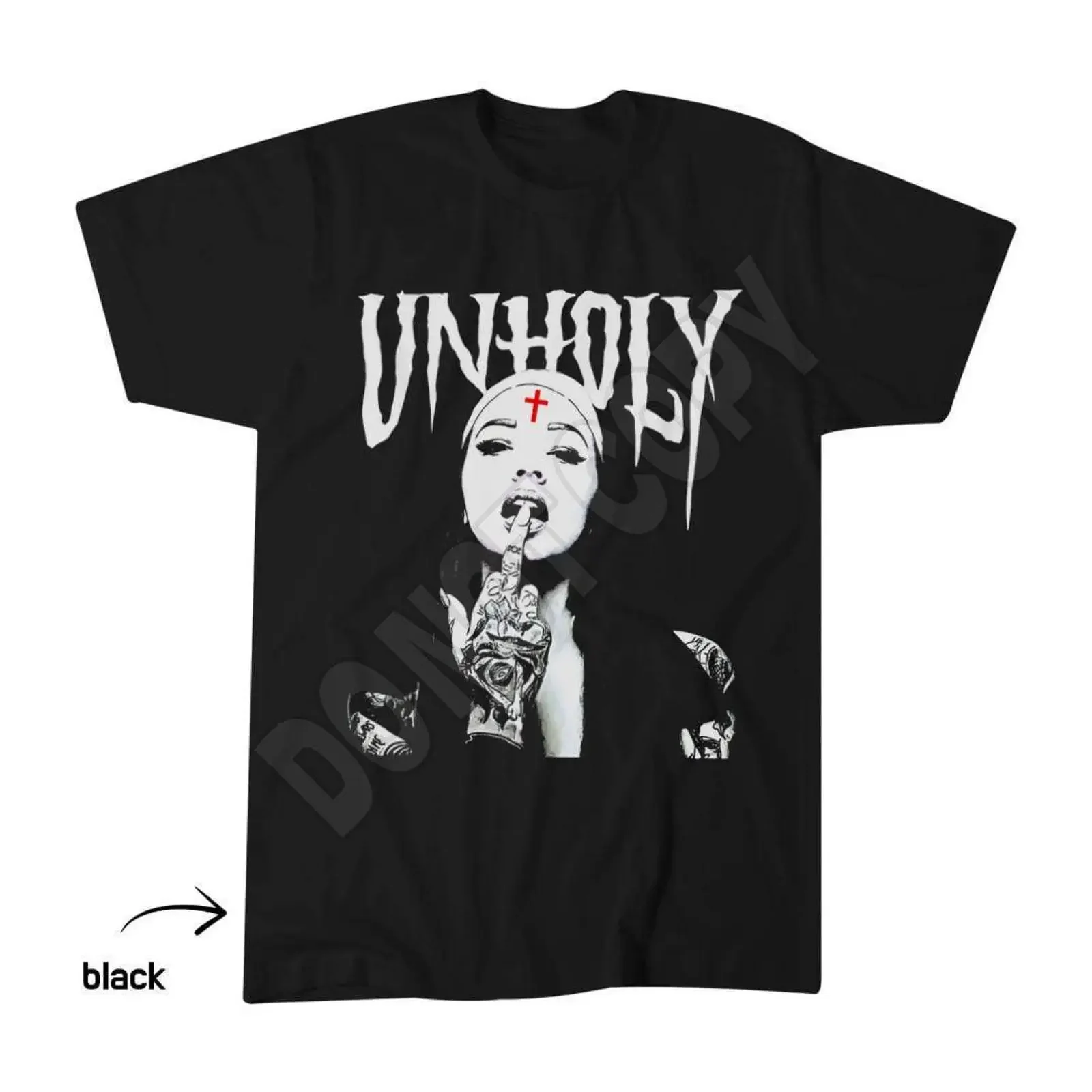 Unholy Nun Tattoo T Shirt Satanic Cross Forehead Art Dark Gothic Halloween Print vintage Washed Casual Breathable