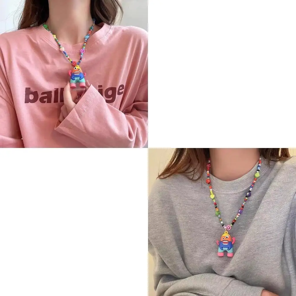 

D46E Flower Heart Bead Chain Choker Cartoon Monster-Pendant Necklace Jewelry Female Hip Hop Colorful Sweater Collar Chain
