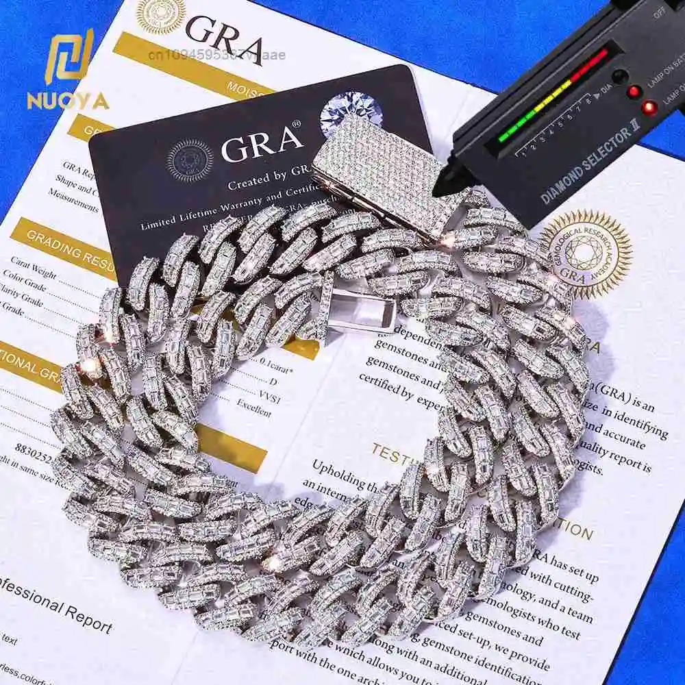 NUOYA 18mm 925 Silver Cuban Chain Iced Out Flip Buckle VVS Moissanite Baguette Mixed Inlay Cuban Necklace Hip Hop Jewelry..