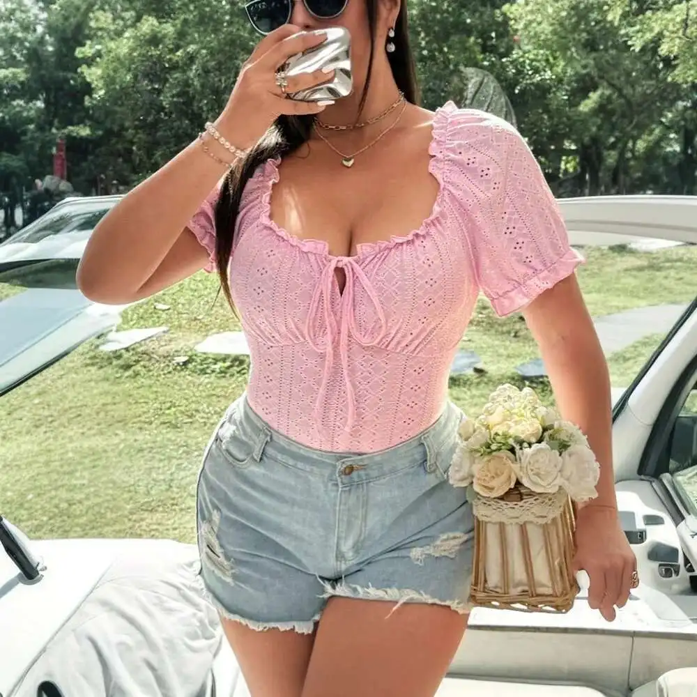 

International Temu Plus Size Women's Sweet Anti-aging T-shirt Summer Square Neck Slim Fit and Sexy Short Sleeve Top Casual Y2k