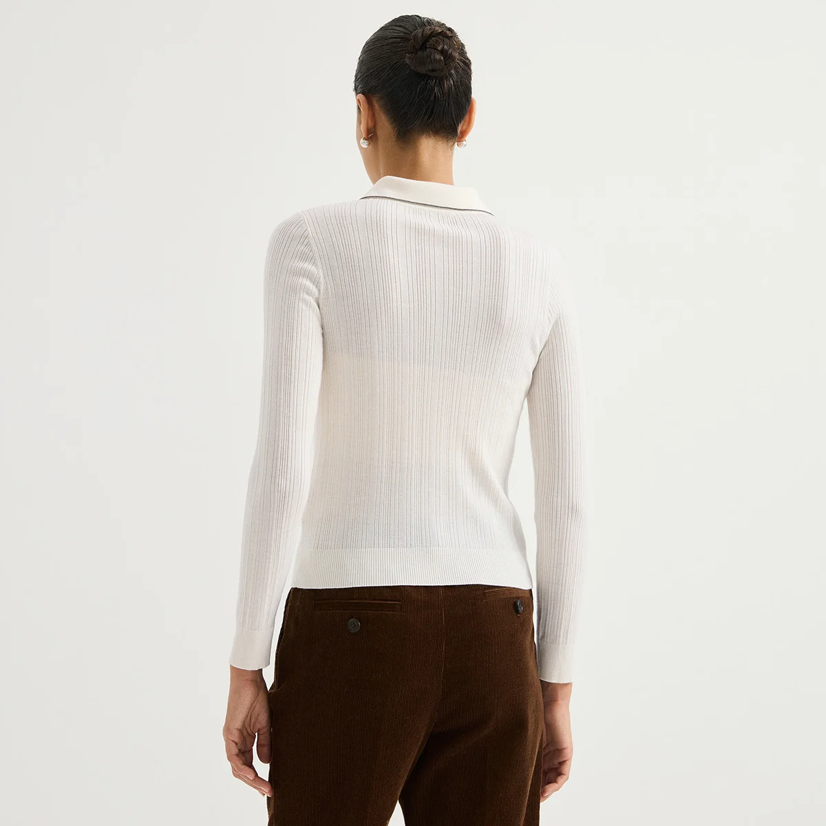 BY3621708 Women's Polo Collar 100% Wool Textured Rib Cardigan Long Sleeve Collar Chain Trim Resin Button Quiet Luxury Fall