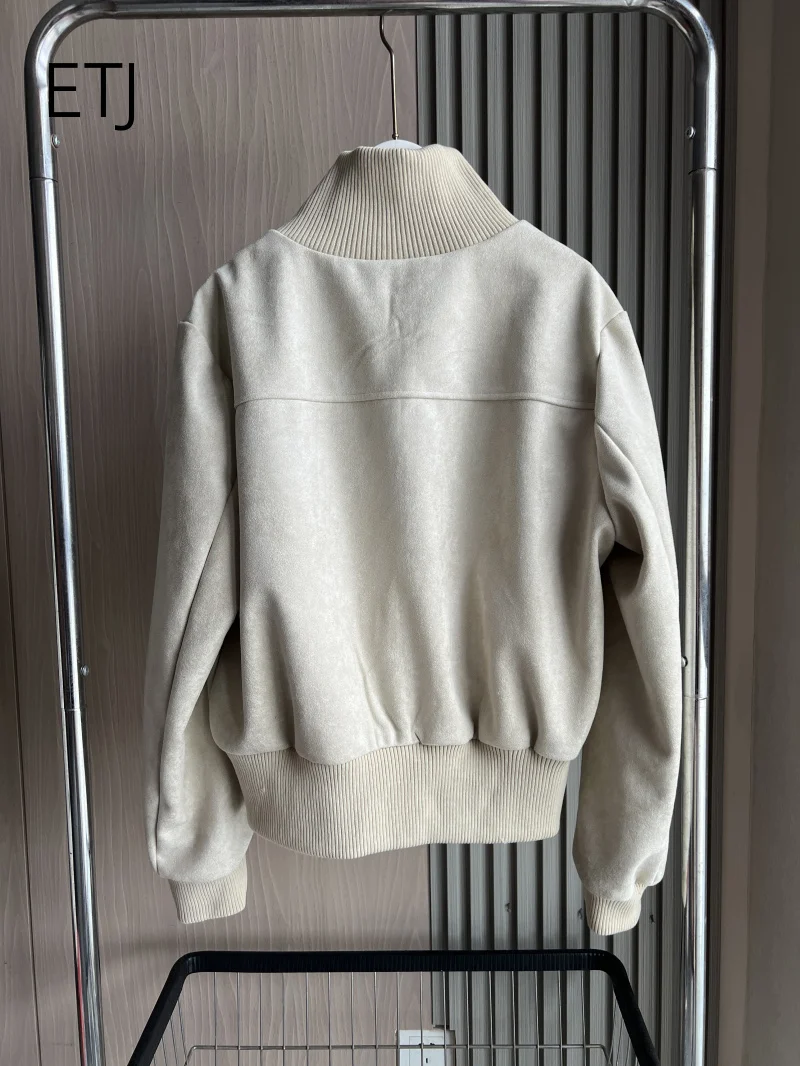 ETJ 2026 Damen Kunstwildlederjacke, kurze Fliegerjacke mit geripptem Saum, Cargotaschen, Reißverschluss, Stehkragen, Vintage-Herbstjacke – Detail 14