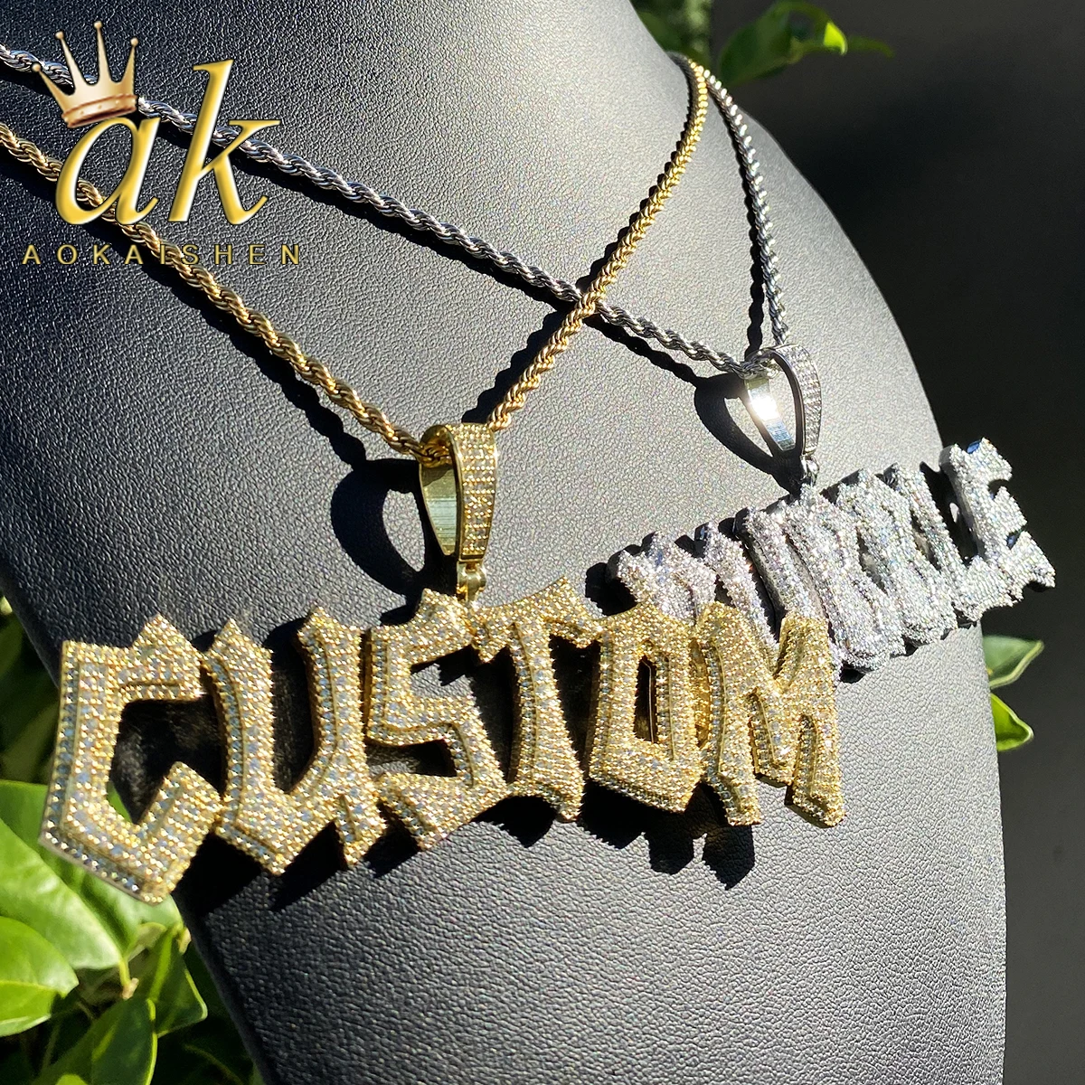 

Aokaishen Iced Out Custom Name Necklace Pendant for Men Paved Setting 5A Cubic Zirconia Hip Hop Jewelry