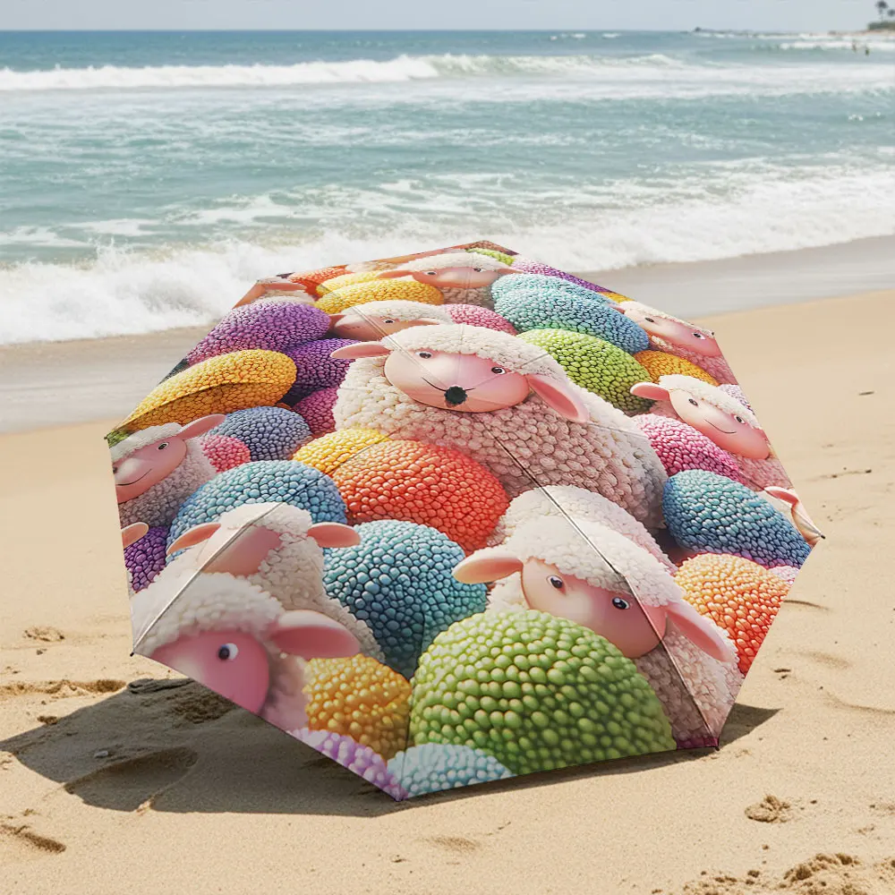 Colorful Sheep and Dotted Rainbow Pattern on Umbrella Compact Fashion Folding Umbrella for Daily Use, Christmas Gift