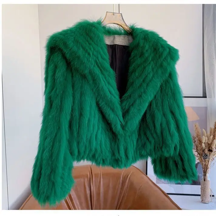 Imitation Fur Short Coat Woven Rex Rabbit Fur Green Long Hair Lapel Winter Coat