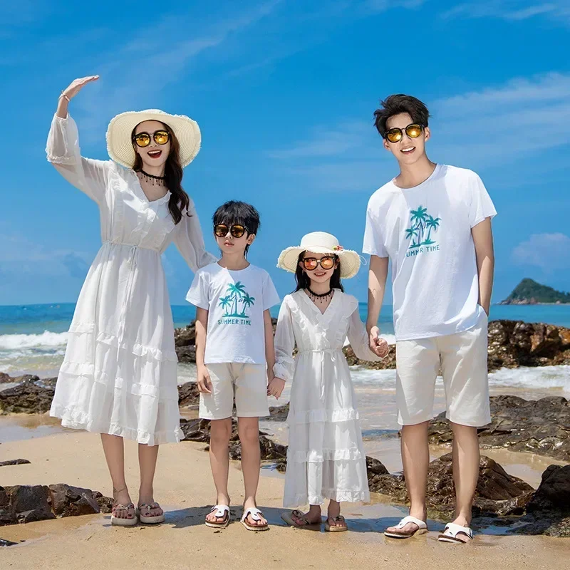 Beach Vacation Couple Look Family Matching White Clothes Mom Daughter Resort Dress Holiday Dad Son T Shirts Shorts Two Piece Set