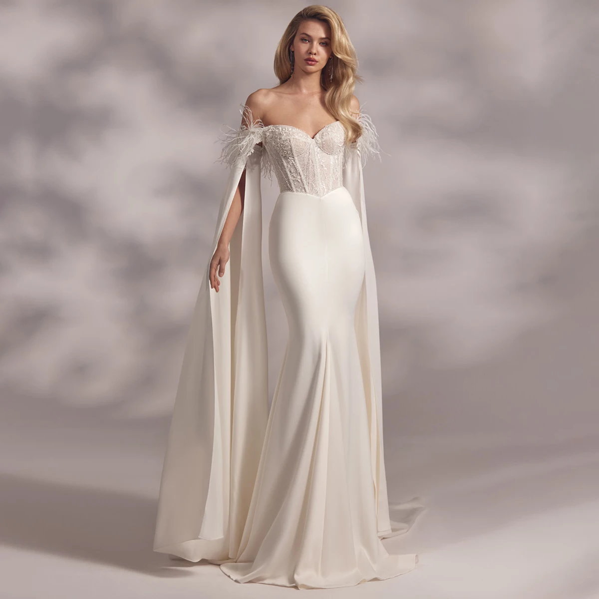 

Luxury Satin Fur Beaded Wedding Dress For Bride Long Mermaid Sweetheart Bridal Party Gown For Women Corset Vestido Novia