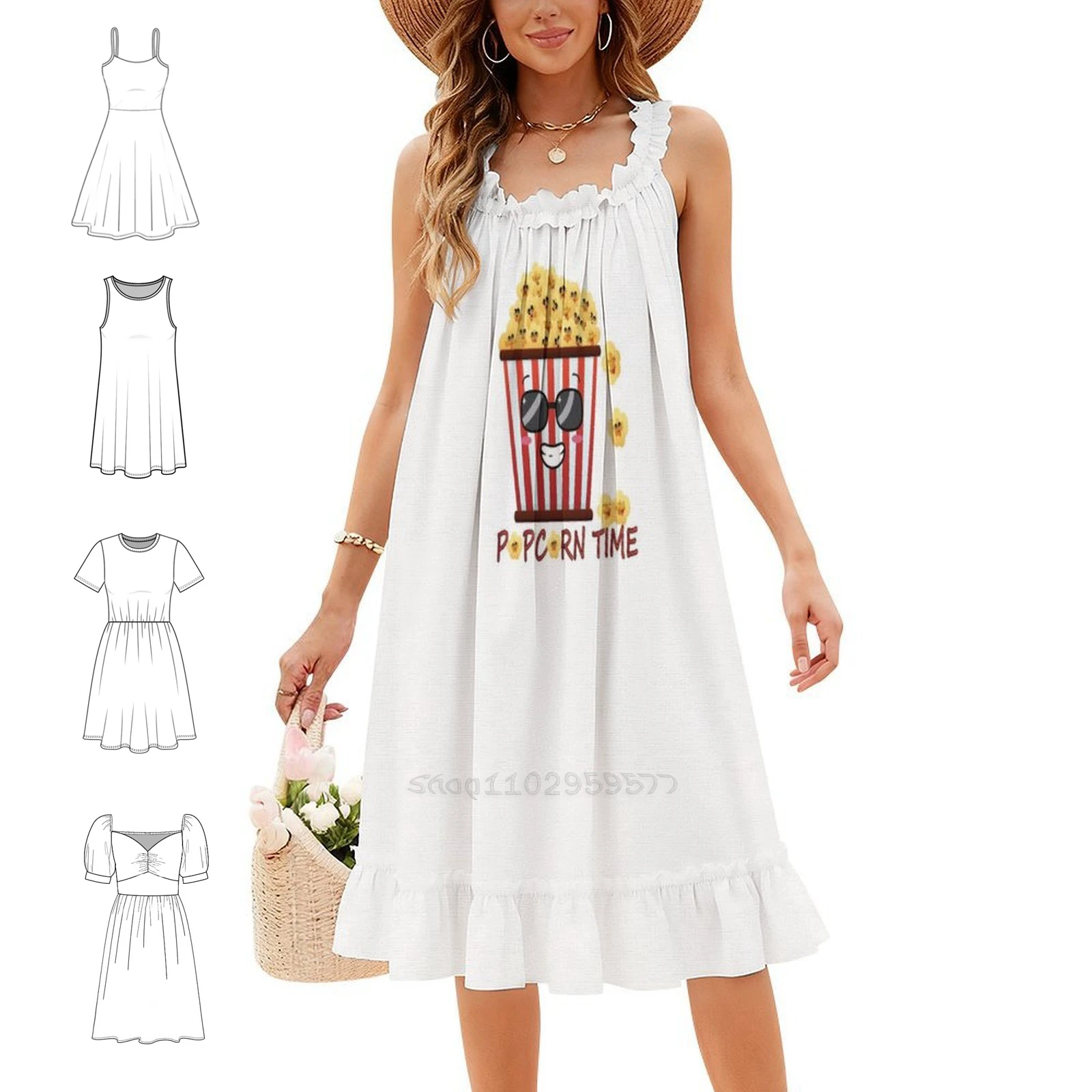 A Cute Popcorn Bucket For Popcorn Lovers And Snacks Bohemian Sleeveless Dress For Women Print Beach Party Dresses Popcorn Time